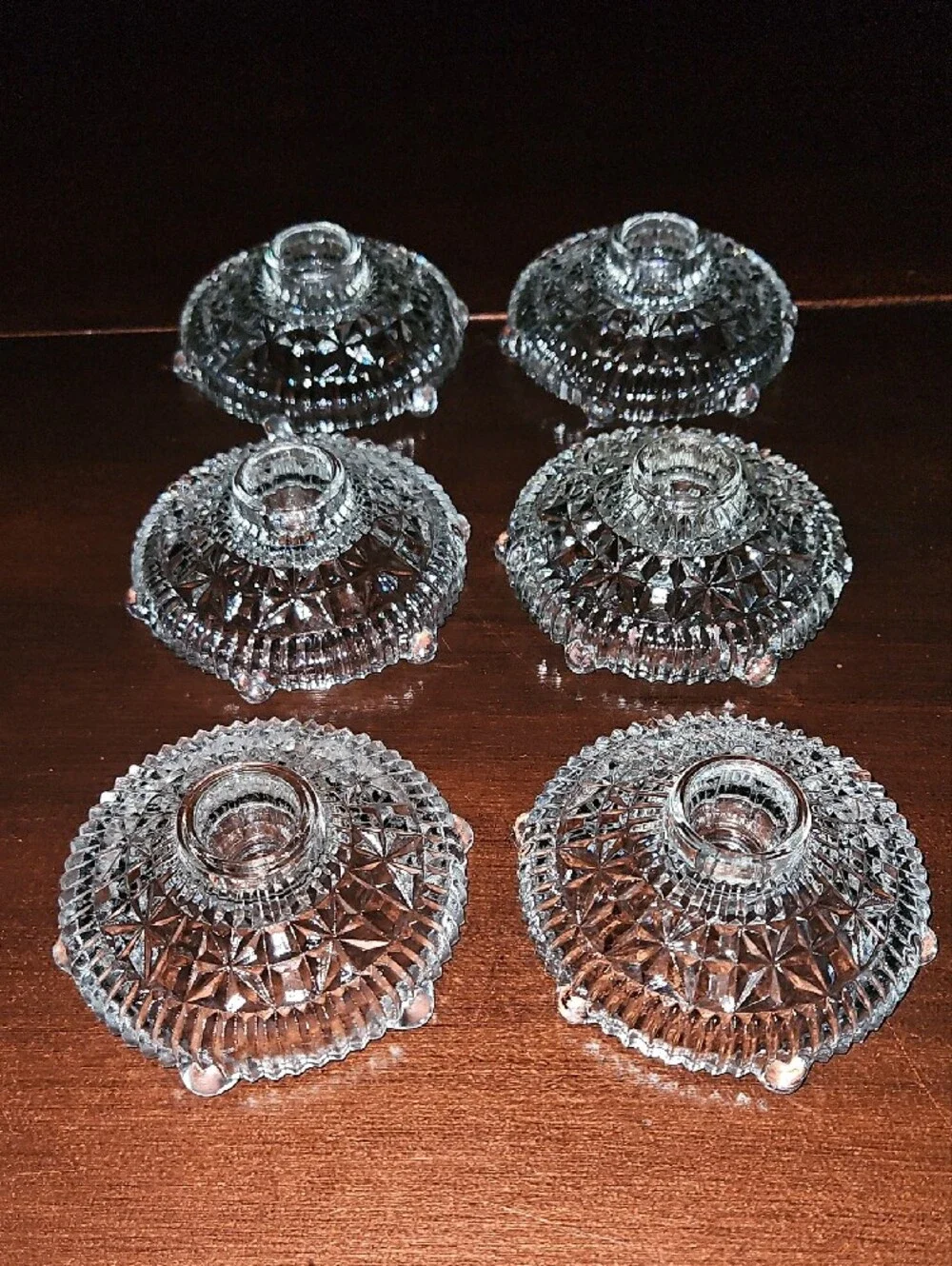 Set of 6 Footed Pressed Cut Glass Candle Stick Holders - Wedding Centerpiece